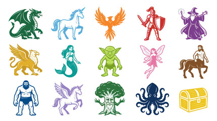 Obraz premium Collection of Fantasy and Mythical Creatures Vector Mascots - Dragon, Unicorn, Wizard, Mermaid, Gryphon Icons