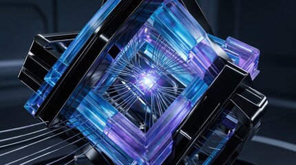 Fototapeta premium Abstract quantum computing processor chip visualization, futuristic technology concept, artificial intelligence core, high speed data processing unit