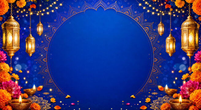 Blue Diwali Greeting Banner with Lanterns and Floral Frame