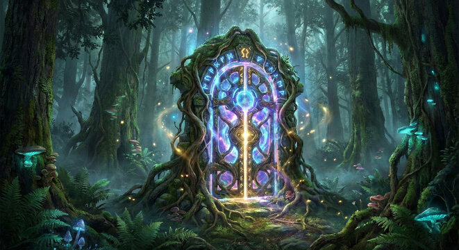 Fantasy digital art of ancient magical portal gate with glowing runes in enchanted mystical forest, glowing mushrooms, mist, ethereal light, concept art for games and books