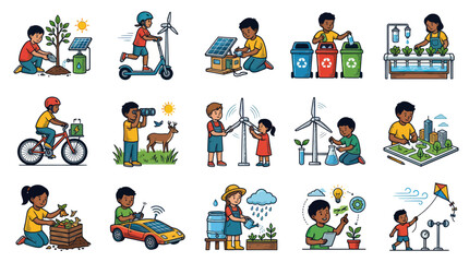 Fototapeta premium Children's Environmental Education: Kids Learning Sustainable Living, Green Energy Eco-Friendly Flat Vector Illustrations