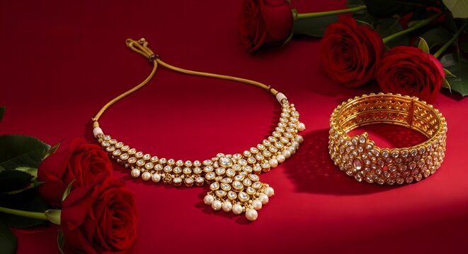 Luxury Traditional Indian Bridal Gold Jewelry Set with Red Roses