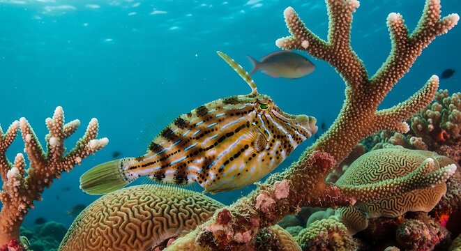Scrawled filefish swimming near coral reef