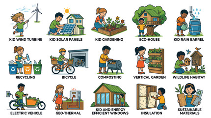 Fototapeta premium Kids Learn About Sustainability: Eco-Friendly Concepts Illustrated in Flat Style