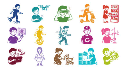 Obraz premium Children Engaging with Technology and Sustainability: Vector Icons