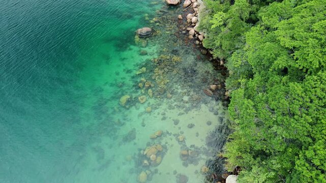 Aerial view of the lush green coastline with reef in the shallows
