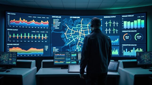 Operator monitoring city power grid status on large control room screens, smart energy management system, renewable output analysis