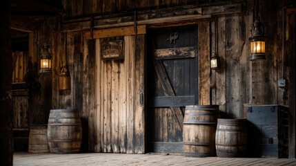 Fototapeta premium Rustic wooden interior with barrels and lanterns