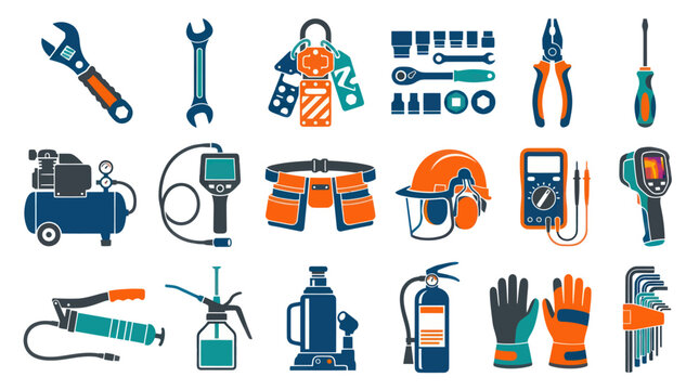 Professional Industrial  Automotive Mechanic Tools Equipment Flat Vector Icons Set