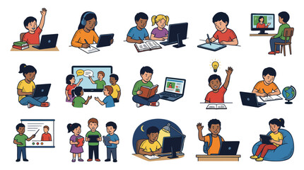 Fototapeta premium Kids and Students E-learning, Remote Education with Laptops, Tablets, Books. Flat Vector Illustration Set.