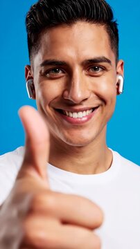 Young Man Giving Thumbs Up With Earbuds.