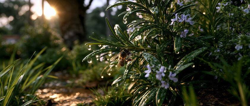 A bee gathers nectar from small flowers in a garden. Sunlight shines through the trees, creating a warm atmosphere. Dew drops linger on the leaves, highlighting the fresh morning.