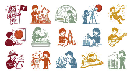 Obraz premium Children's STEM Education Space Exploration Hand Drawn Line Art Illustrations Set
