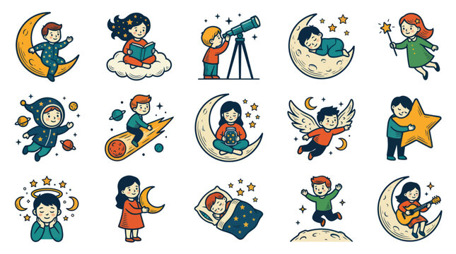 Cute Cartoon Vector Illustration Set: Children's Dream, Sleep, Space, and Imagination Elements with Moon  Stars