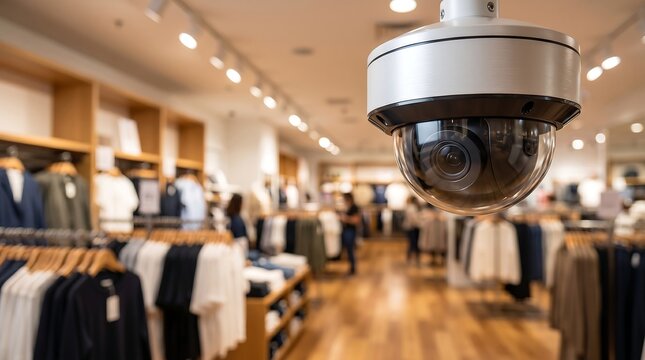 Surveillance camera mounted on ceiling of clothing retail store monitoring customer activity for security and loss prevention in busy fashion boutique environment
