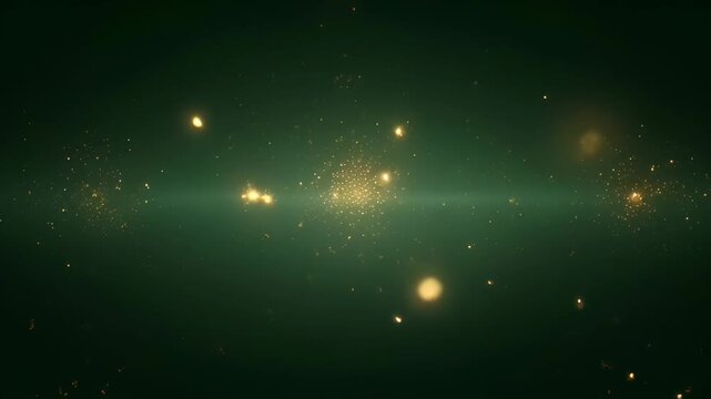Abstract animation background with green glow, golden particle light, dark space haze, and soft cosmic star field for SEO friendly atmospheric design