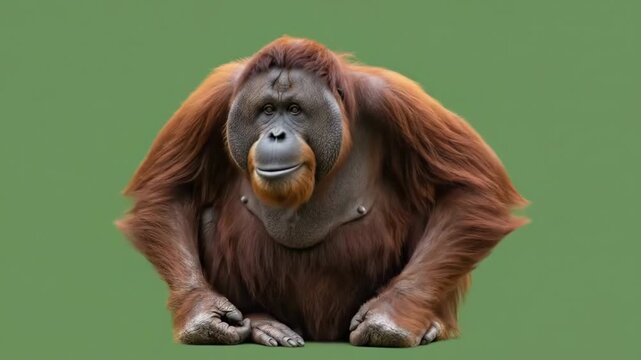 A contemplative orangutan captured in a portrait against a green background