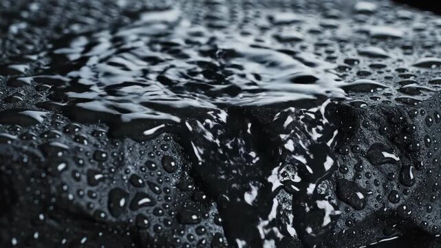 Close up of water droplets on a dark surface.