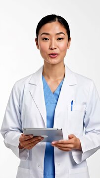 Asian Female Doctor Holding Tablet Computer.