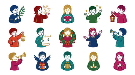 Fototapeta premium Christmas Children Icons: Kids with Gifts, Lanterns, Dove, Wreath, Candles, Trumpet, Scroll, Heart