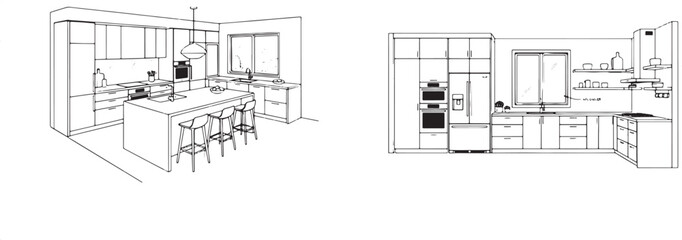 Fototapeta premium Kitchen interior design technical drawings with isometric views and elevation layouts for architectural planning and home renovation