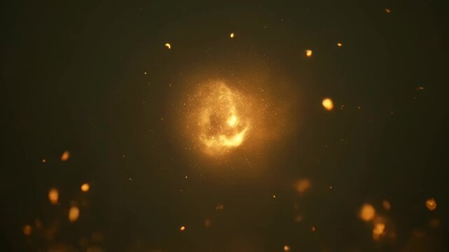 Abstract animation background with golden particle glow, warm light swirl dark space, glowing particle burst dark background with warm orange haze, floating spark effect and drifting spark overlay