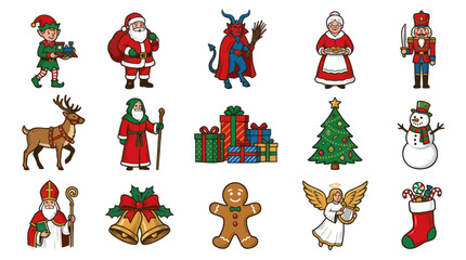 Fototapeta premium Christmas Holiday Festive Cartoon Vector Icons Set. Traditional Characters, Decorations, and Symbols in Outline Illustration.