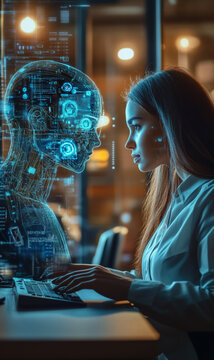 Woman working with futuristic AI hologram assistant, person interacting with smart digital interface, integration of artificial intelligence in everyday life concept