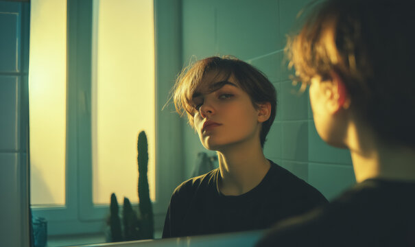 Unconfident teenager looking in mirror, Insecure adolescent reflecting on self-esteem