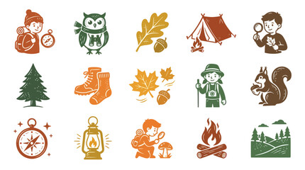 Obraz premium Vintage Outdoor Adventure Icons Set: Camping, Hiking Nature Elements in Retro Textured Illustration Style