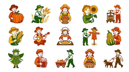 Fototapeta premium Agriculture and Farming Vector Cartoon Illustrations Set of Farmers Harvesting Crops and Rural Life