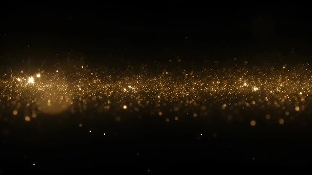 Golden glitter particles on black background with abstract animation, glowing dust light, golden bokeh, particle field, soft glow for elegant festive dark scene backdrop