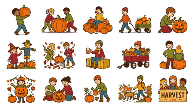 Cute Children Harvesting Pumpkins Flat Vector Illustration Set for Autumn Fall Season