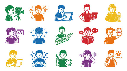 Obraz premium Kids Creator Icons: Technology, Art, Music, Coding, Gaming, Learning, Video, Photography
