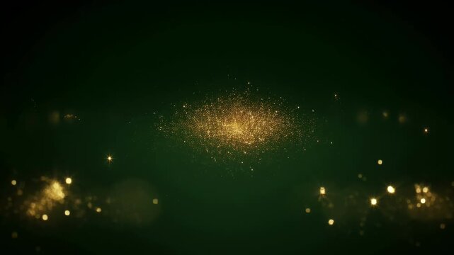 Abstract animation background with glowing golden light, dark green backdrop, spark particle and soft bokeh, elegant festive mood, gold particle glow, sparkling motion, soft light, search optimized