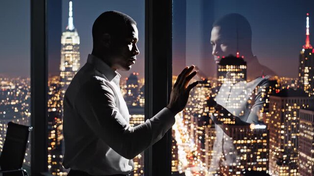 Man in Silhouette Looking Out Over City Skyline at Night.