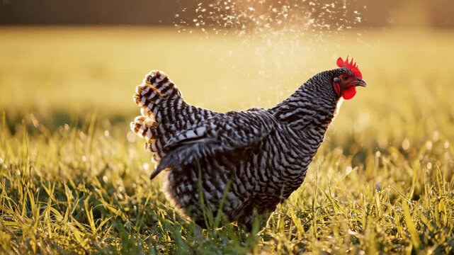 Barred Plymouth Rock Chicken in a Grassy Field at Sunset.
