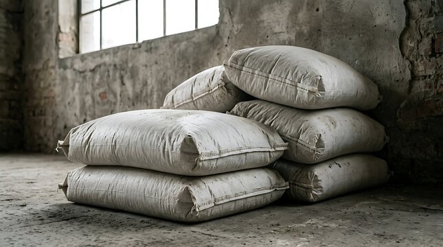 Stacked white sacks of construction material in an old industrial building