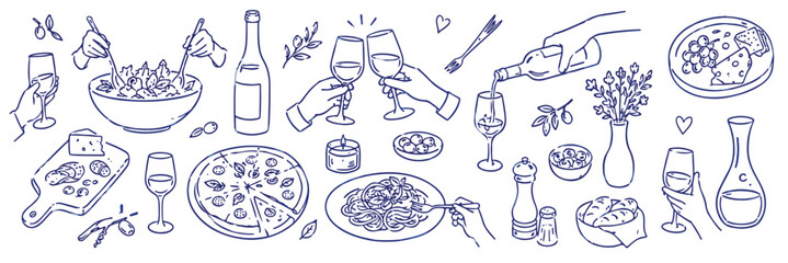 Hand drawn dinner party doodles, blue line art food and wine illustrations, rustic restaurant menu vector elements, romantic date night icons
