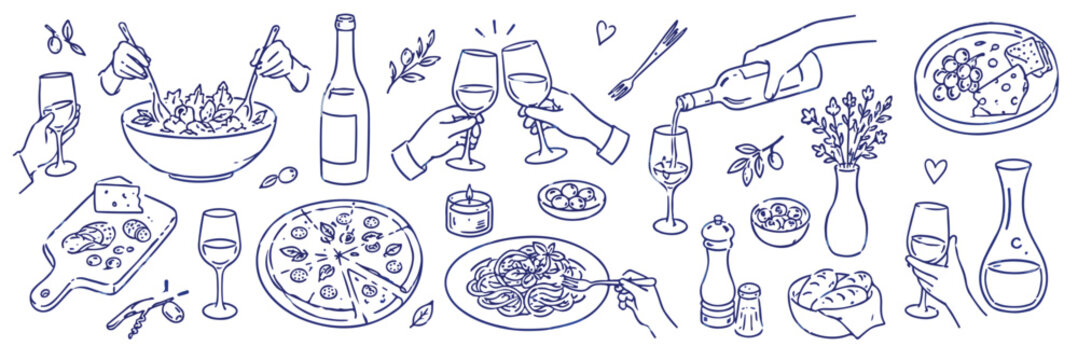 Hand drawn dinner party doodles, blue line art food and wine illustrations, rustic restaurant menu vector elements, romantic date night icons