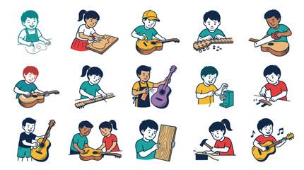 Obraz premium Children Learning Guitar Making and Playing. Flat Vector Illustration of Luthier Craft, Woodworking, and Music Education.