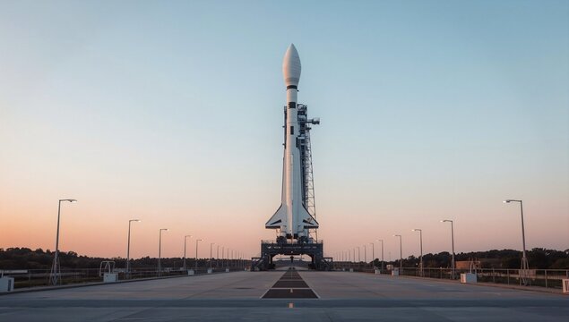 Reusable Space Rocket Standing On Launch Pad Before Mission At Sunrise Sky Background