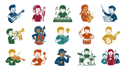Fototapeta premium Children Playing Musical Instruments and Engaging in Music Education. Flat Vector Cartoon Illustration Set for Kids' Hobbies.