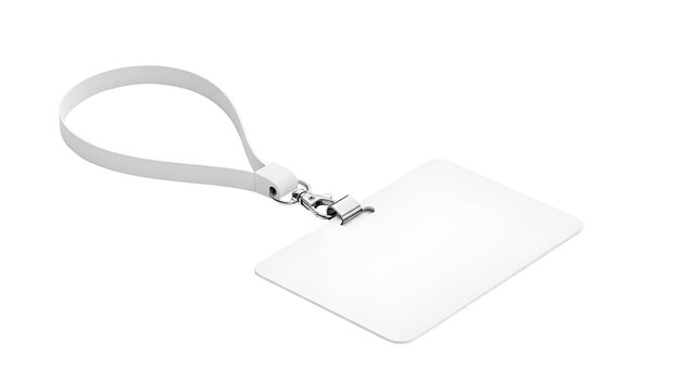 Blank white plastic identification badge with a simple fabric lanyard hanging in a professional studio setting on transparent background