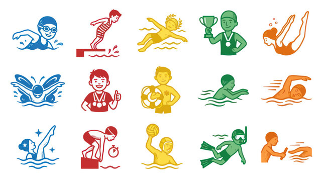 Set of cartoon swimming icons: divers, swimmers, and water polo players in bright colors