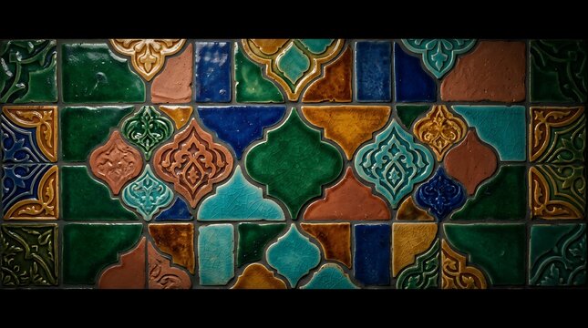 Traditional Moroccan Mosaic Tiles with Colorful Arabesque Patterns and Glazed Ceramic Finish