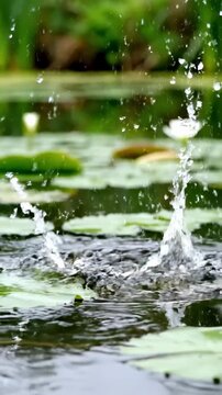 Frog Jumping into Water with Lily Pads.