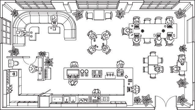 Top view architectural floor plan of a modern coffee shop with furniture layout and seated customers vector