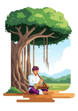 Balinese Man in Traditional Dress Playing Suling Flute and Kendang Drum Under Banyan Tree