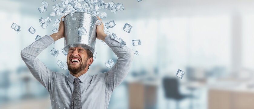 Stressed businessman with ice bucket indoors
